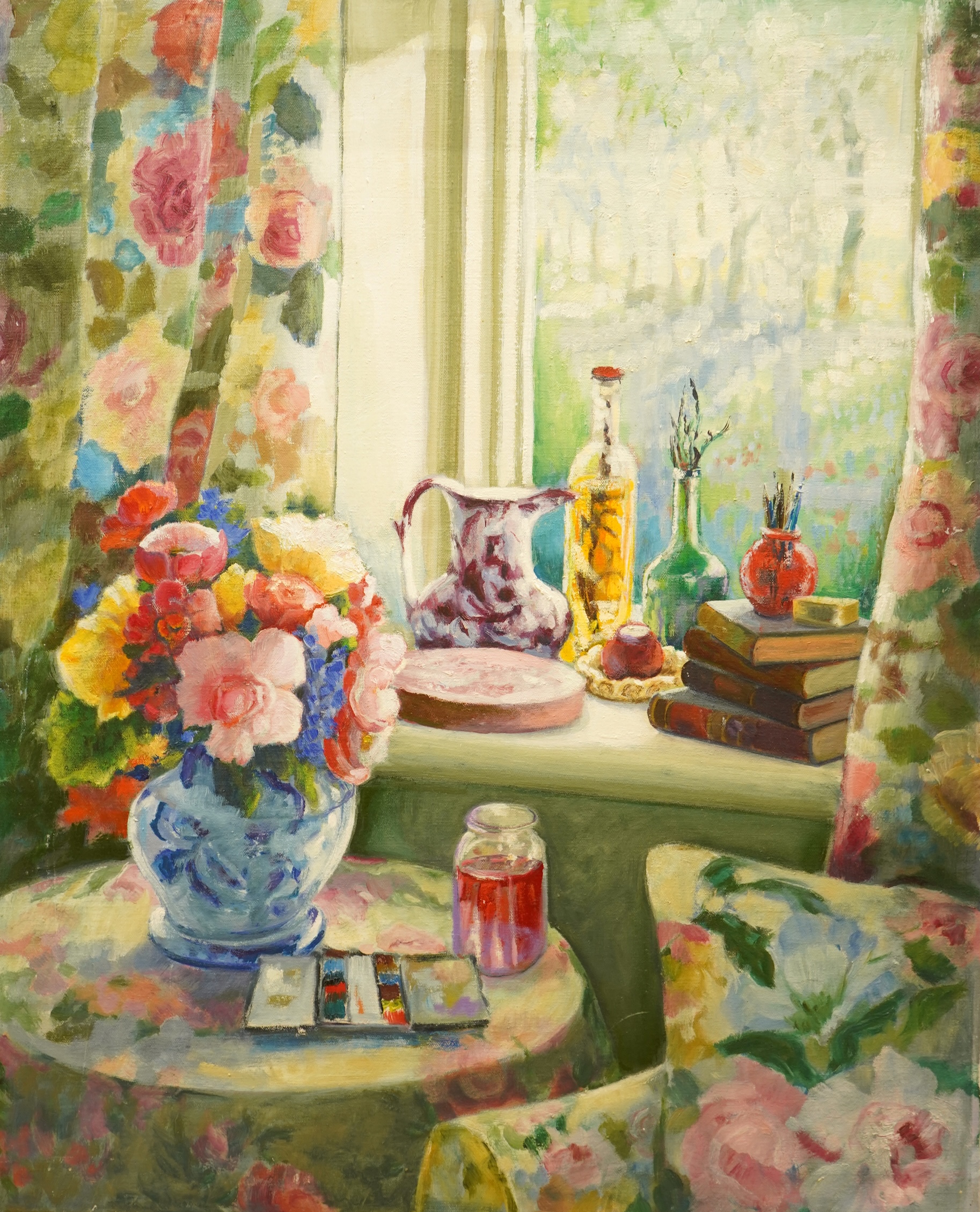 Attributed to Thelma Tinker (20th. C), Interior scene with still life of flowers and vessels, unsigned, oil on canvas, unframed, 76 x 61cm